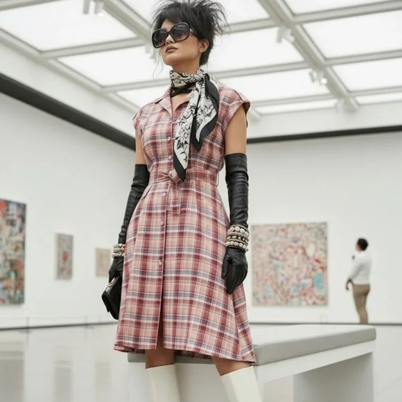 Vintage 70s Plaid Shirtwaist Dress Midi Dagger Collar Belted M Cottagecore - Picture 2 of 9